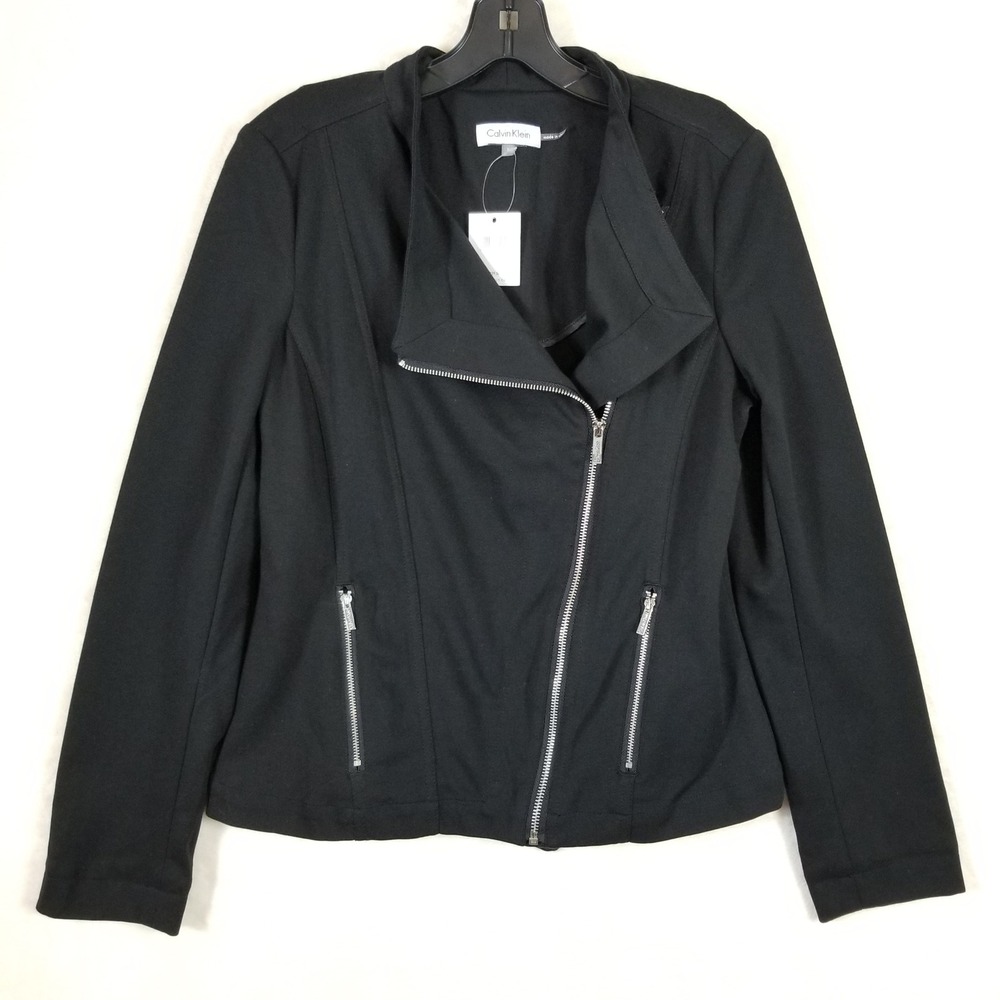 Calvin Klein Womens Black Moto Jacket Asymmetric Zip Stretch Blazer Small NEW‎